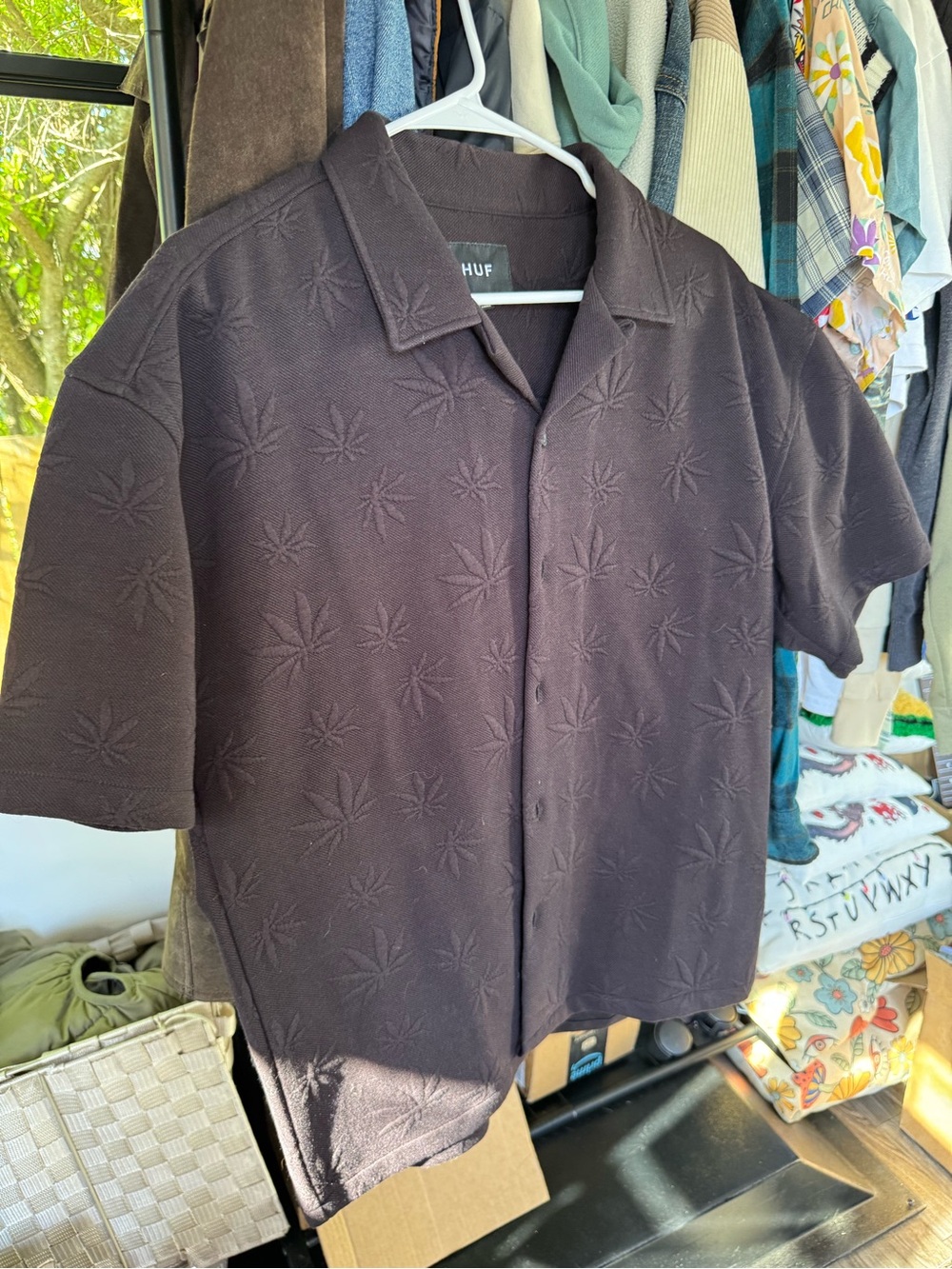 HUF Black Embossed Leaf Camp Shirt